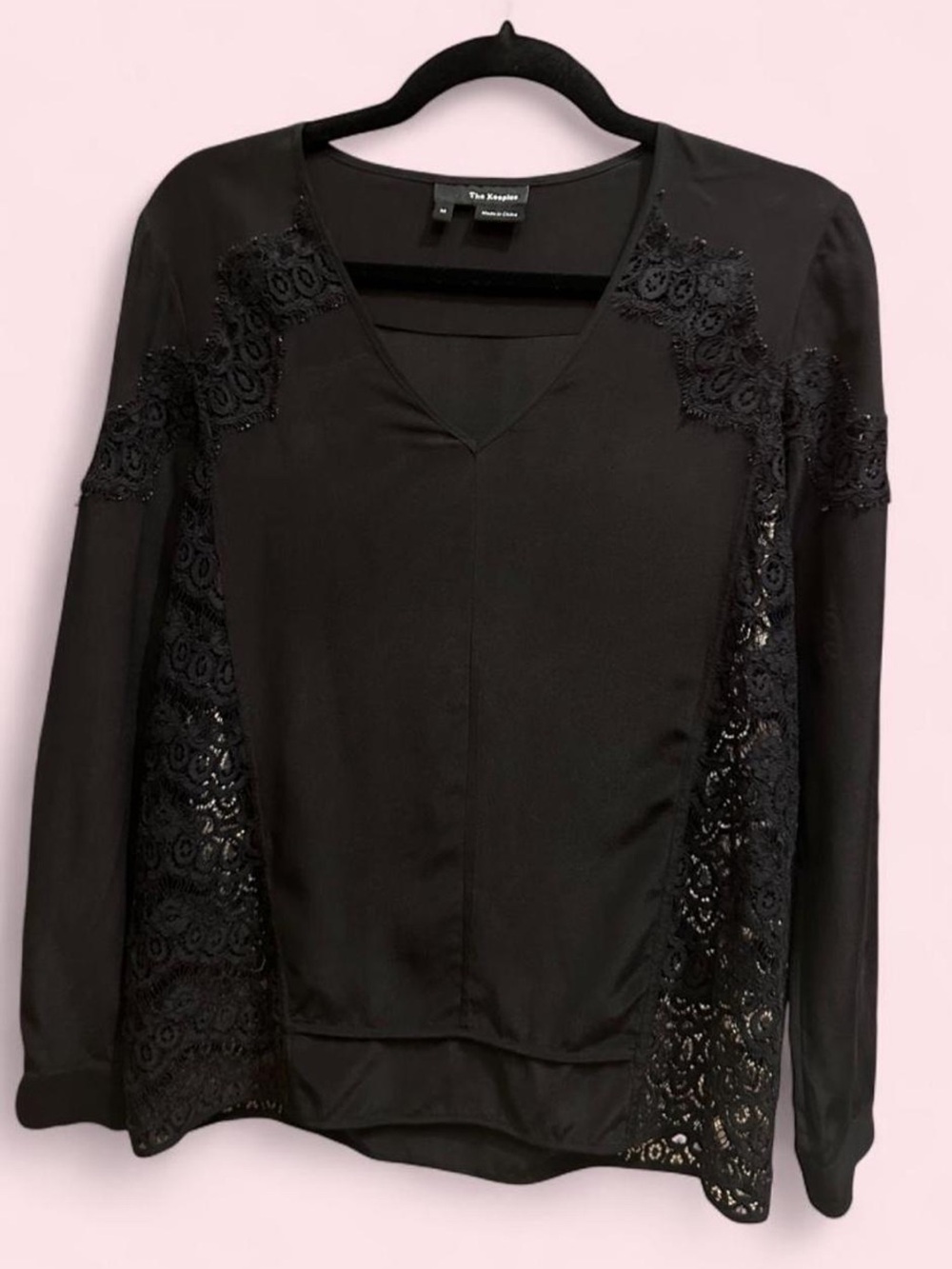 The Kooples Black V-Neck Top with Label Detail (slight wearing on lace detail)